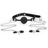 Черный кляп-шарик с зажимами на соски на металлической цепочке - Notabu - купить с доставкой в Туле