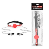 Красный кляп-шарик с зажимами на соски на металлической цепочке - Notabu - купить с доставкой в Туле