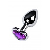 Серебристая коническая анальная пробка с фиолетовым кристаллом-сердечком - 7 см. - ToyFa - купить с доставкой в Туле