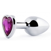 Серебристая анальная пробка с фиолетовым кристаллом-сердечком - 8 см. - Anal Jewelry Plug - купить с доставкой в Туле