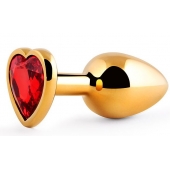 Золотистая анальная пробка с красным стразом-сердечком - 8 см. - Anal Jewelry Plug - купить с доставкой в Туле