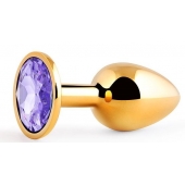 Золотистая анальная пробка с фиолетовым стразом - 7,2 см. - Anal Jewelry Plug - купить с доставкой в Туле