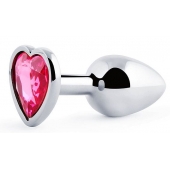 Серебристая анальная пробка с розовым кристаллом-сердечком - 7 см. - Anal Jewelry Plug - купить с доставкой в Туле