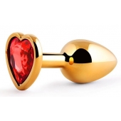 Золотистая анальная пробка с красным стразом-сердечком - 7 см. - Anal Jewelry Plug - купить с доставкой в Туле