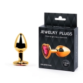 Золотистая анальная пробка с малиновым кристаллом-сердечком - 7 см. - Anal Jewelry Plug - купить с доставкой в Туле