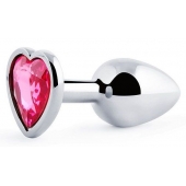 Серебристая анальная пробка с малиновым кристаллом-сердечком - 7 см. - Anal Jewelry Plug - купить с доставкой в Туле