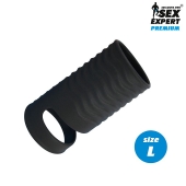 Черная открытая насадка на пенис с кольцом для мошонки L-size - 8,5 см. - Sex Expert - в Туле купить с доставкой