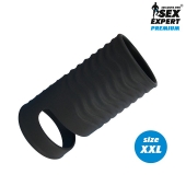 Черная открытая насадка на пенис с кольцом для мошонки XXL-size - 9,4 см. - Sex Expert - в Туле купить с доставкой
