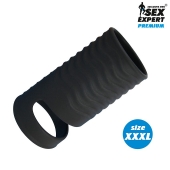 Черная открытая насадка на пенис с кольцом для мошонки XXXL-size - 9,9 см. - Sex Expert - в Туле купить с доставкой