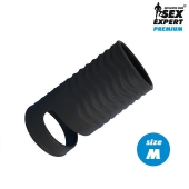 Черная открытая насадка на пенис с кольцом для мошонки size M - 7,9 см. - Sex Expert - в Туле купить с доставкой