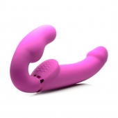 Розовый безремневой страпон с вибрацией и функцией расширения Inflatable Ergo-Fit Strapless Strap-On - XR Brands - купить с доставкой в Туле
