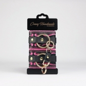 Черные кожаные наручники с розовой строчкой - Crazy Handmade - купить с доставкой в Туле