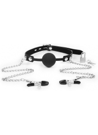 Черный кляп-шарик с зажимами на соски на металлической цепочке - Notabu - купить с доставкой в Туле