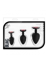 Набор черных анальных пробок с красным кристаллом-сердечком Bling Plugs Training Kit - Blush Novelties - купить с доставкой в Туле
