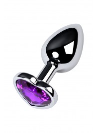 Серебристая коническая анальная пробка с фиолетовым кристаллом-сердечком - 7 см. - ToyFa - купить с доставкой в Туле