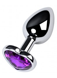 Серебристая коническая анальная пробка с фиолетовым кристаллом-сердечком - 7 см. - ToyFa - купить с доставкой в Туле