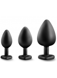 Набор из 3 черных пробок с прозрачным кристаллом-сердечком Bling Plugs Training Kit - Blush Novelties - купить с доставкой в Туле