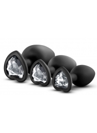 Набор из 3 черных пробок с прозрачным кристаллом-сердечком Bling Plugs Training Kit - Blush Novelties - купить с доставкой в Туле