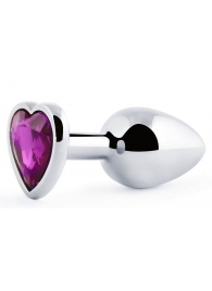 Серебристая анальная пробка с фиолетовым кристаллом-сердечком - 8 см. - Anal Jewelry Plug - купить с доставкой в Туле