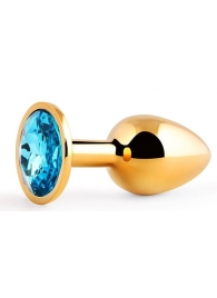 Золотистая анальная пробка с голубым стразом - 7,2 см. - Anal Jewelry Plug - купить с доставкой в Туле