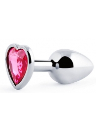 Серебристая анальная пробка с розовым кристаллом-сердечком - 7 см. - Anal Jewelry Plug - купить с доставкой в Туле