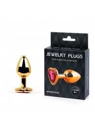 Золотистая анальная пробка с малиновым кристаллом-сердечком - 7 см. - Anal Jewelry Plug - купить с доставкой в Туле