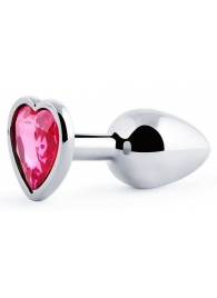 Серебристая анальная пробка с малиновым кристаллом-сердечком - 7 см. - Anal Jewelry Plug - купить с доставкой в Туле