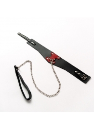 Черный широкий ошейник с красным декором и поводком - Crazy Handmade - купить с доставкой в Туле