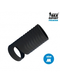 Черная открытая насадка на пенис с кольцом для мошонки size M - 7,9 см. - Sex Expert - в Туле купить с доставкой