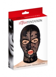 Черная кружевная маска на голову с отверстиями для глаз и рта - Fetish Tentation - купить с доставкой в Туле
