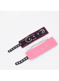 Черно-розовые кожаные наручники с розовой строчкой - Crazy Handmade - купить с доставкой в Туле
