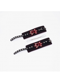 Черные кожаные наручники с красным декором и строчкой - Crazy Handmade - купить с доставкой в Туле