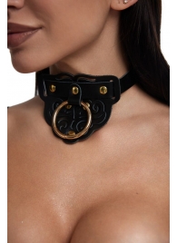 Черный фигурный кожаный ошейник с золотистой фурнитурой - Crazy Handmade - купить с доставкой в Туле