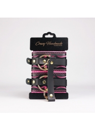 Черные кожаные оковы с розовой строчкой - Crazy Handmade - купить с доставкой в Туле