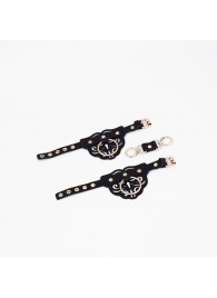 Черные кожаные наручники с клепками, кольцами и золотистой фурнитурой - Crazy Handmade - купить с доставкой в Туле