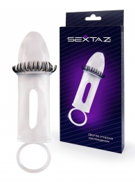 Закрытая насадка на пенис с подхватом мошонки и стимулирующими «ресничками» - Sextaz - в Туле купить с доставкой