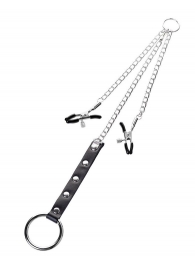 Серебристо-чёрные зажимы для сосков с кольцом для пениса TOYFA Metal - ToyFa - купить с доставкой в Туле