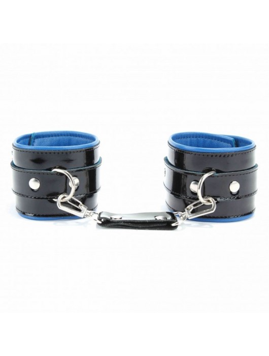 Чёрные лаковые наручники с синим подкладом - БДСМ Арсенал - купить с доставкой в Туле