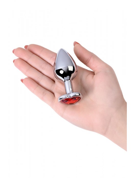 Серебристая коническая анальная пробка с красным кристаллом-сердечком - 7 см. - ToyFa - купить с доставкой в Туле