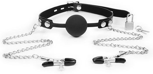 Черный кляп-шарик с зажимами на соски на металлической цепочке - Notabu - купить с доставкой в Туле