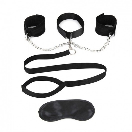 Чёрный ошейник с наручниками и поводком Collar Cuffs   Leash Set - Lux Fetish - купить с доставкой в Туле