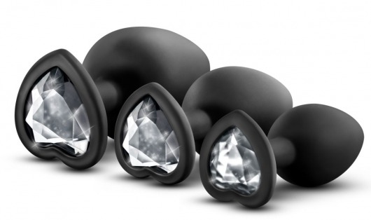 Набор из 3 черных пробок с прозрачным кристаллом-сердечком Bling Plugs Training Kit - Blush Novelties - купить с доставкой в Туле