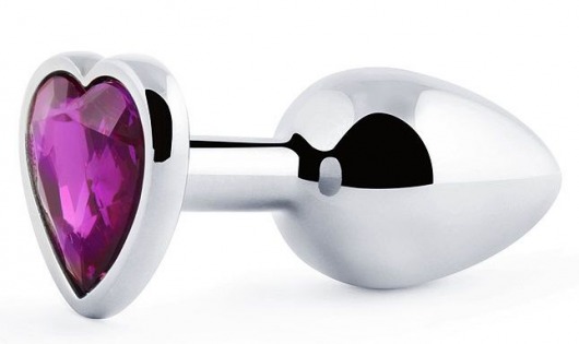 Серебристая анальная пробка с фиолетовым кристаллом-сердечком - 8 см. - Anal Jewelry Plug - купить с доставкой в Туле
