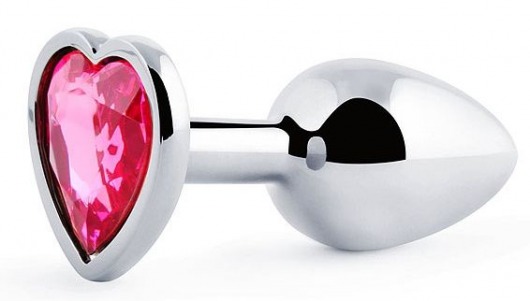 Серебристая анальная пробка с розовым кристаллом-сердечком - 7 см. - Anal Jewelry Plug - купить с доставкой в Туле