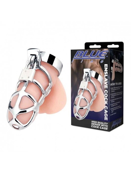 Серебристая металлическая клетка для члена с замком Enslave Cock Cage - BlueLine - купить с доставкой в Туле