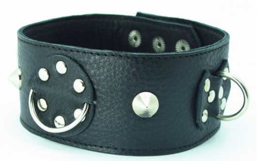 Чёрный кожаный ошейник с кольцами и клёпками - БДСМ Арсенал - купить с доставкой в Туле