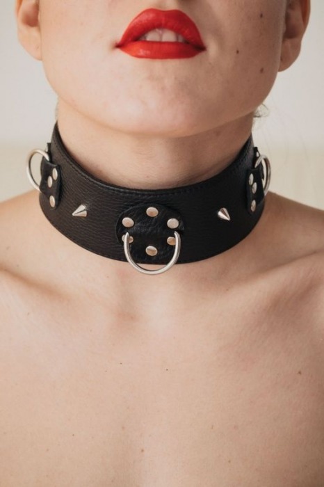 Чёрный кожаный ошейник с кольцами и клёпками - БДСМ Арсенал - купить с доставкой в Туле