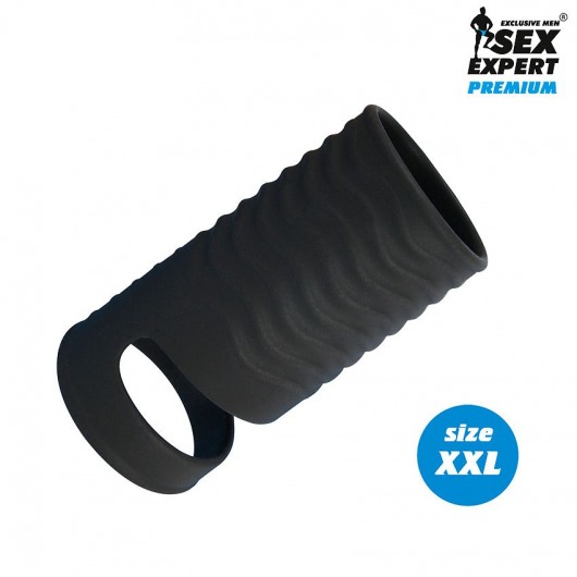Черная открытая насадка на пенис с кольцом для мошонки XXL-size - 9,4 см. - Sex Expert - в Туле купить с доставкой