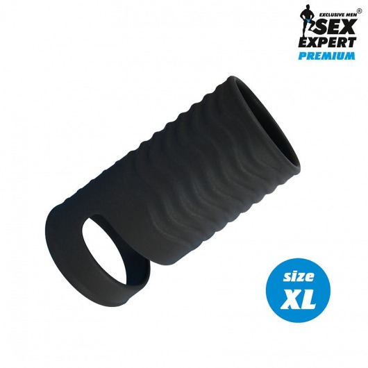 Черная открытая насадка на пенис с кольцом для мошонки XL-size - 8,9 см. - Sex Expert - в Туле купить с доставкой