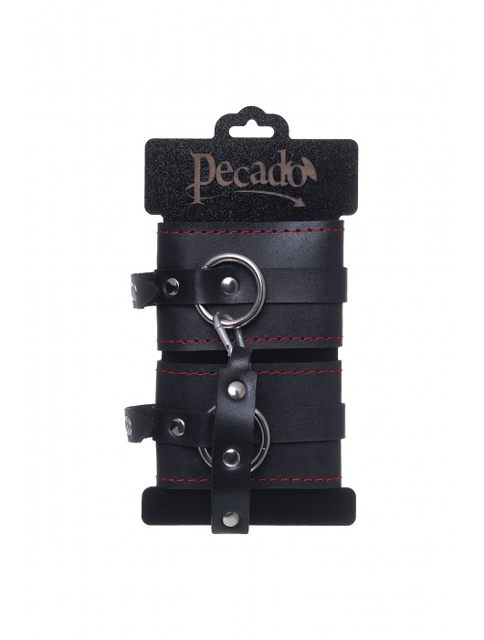 Черные кожаные однослойные оковы с контрастной строчкой - Pecado - купить с доставкой в Туле